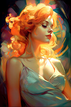 Fantasy Painting Of Beautiful Young Woman In Extravagant Flamboyant Art Nouveau Style