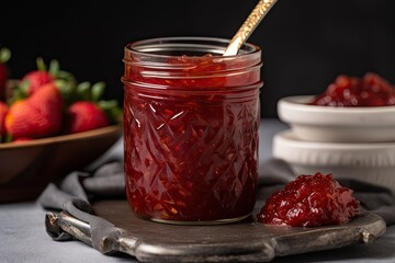 Canvas Print - jar of homemade strawberry preserves with a spoon for serving, created with generative ai