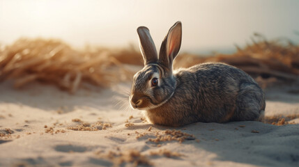 Wall Mural - Rabbit on the beach sand Generative AI 