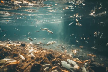 Sticker - microplastic pollution in a river, with fish swimming among the pieces, created with generative ai