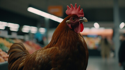 Canvas Print - Rooster at the supermarket Generative AI 