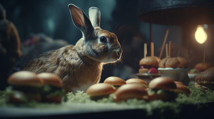 Wall Mural - Rabbit smelling a tray of burgers and fries Generative AI 