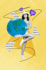 Sticker - Vertical artwork collage artwork image picture of funky positive girl hold big planet dream travel around world isolated drawing background