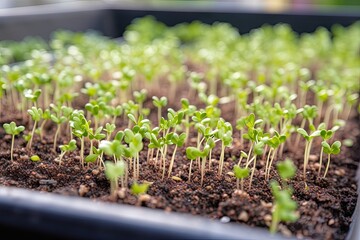 Poster - close-up of sprouting seeds in garden bed, created with generative ai