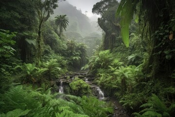 Canvas Print - lush jungle landscape with waterfall and misty rain clouds, created with generative ai