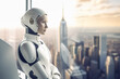 © ADDICTIVE STOCK - Generative AI image of android robot woman standing near window and seriously looking at city with buildings