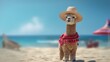 Alpaca on vacation at the beach enjoying a very bright and hot summer day on a tropical island far away, trendy holiday straw hat, blissful and relaxing vibe - generative AI