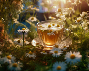 tasty calming refreshing chamomile tea surrounded by chamomile flowers . Generative AI