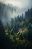 Fototapeta Las - Foggy mountain forest landscape wallpaper and poster, Generative AI