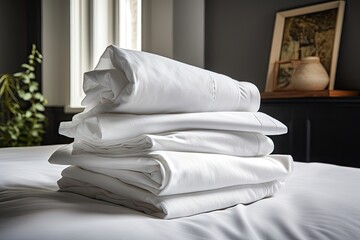 Canvas Print - a stack of fresh and crisp sheets, ready for their first night's sleep, created with generative ai