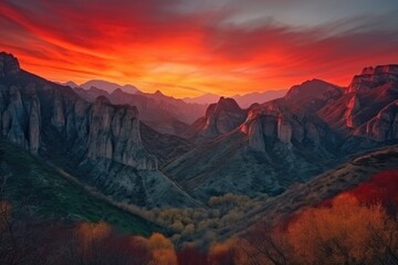 Wall Mural - majestic mountains and fiery orange sunset against the backdrop of a canyon, created with generative ai