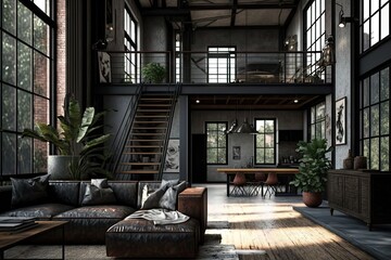 Poster - industrial home, with sleek and contemporary furniture and decor, created with generative ai