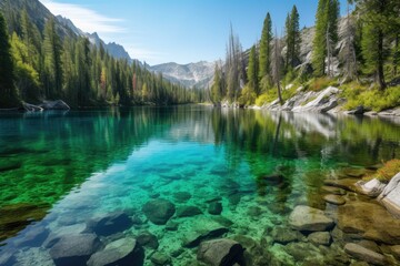 Sticker - crystal-clear lake surrounded by snowy mountain peaks and forests, created with generative ai