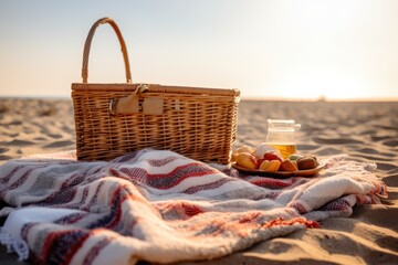 Poster - picnic blanket and basket on the beach under a warm, sunny sky, created with generative ai