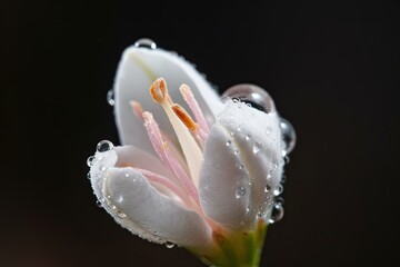 Poster - close-up of blossom bud, with dewdrop glistening on its petal, created with generative ai