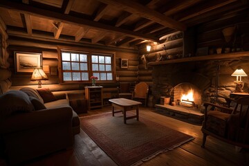 Sticker - cozy cabin retreat with fireplace, warm and inviting on a chilly day, created with generative ai