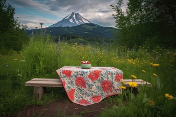 Wall Mural - picnic blanket surrounded by blooming wildflowers and a scenic mountain view, created with generative ai