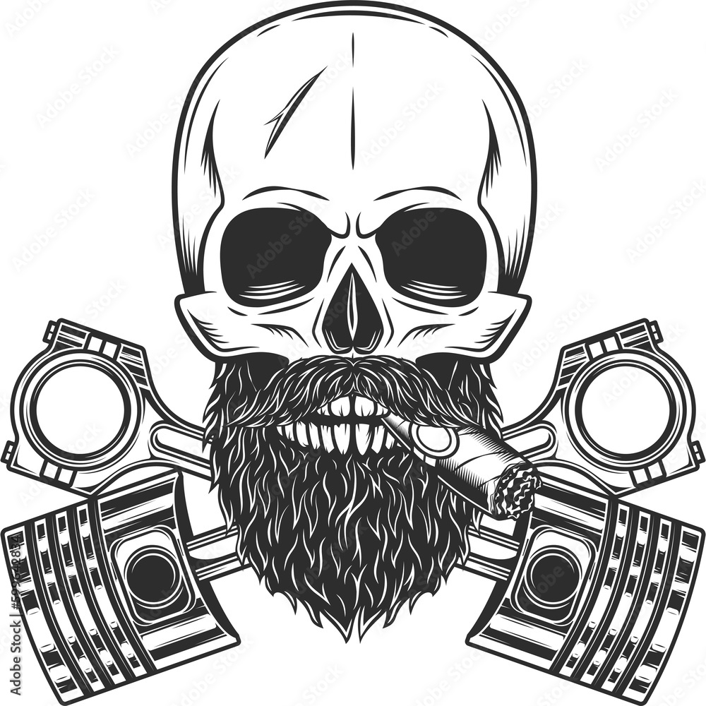 Biker skull with beard and mustache smoking cigar or cigarette and crossed  engine pistons service repair motorcycle, car and truck business in vintage  monochrome isolated illustration Stock Illustration