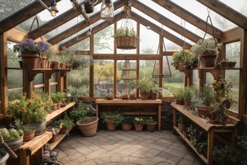 Canvas Print - greenhouse with hanging baskets, flowering plants and wooden bench, created with generative ai