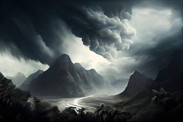 Canvas Print - tropical cyclone passing over majestic mountain range, with clouds and mist, created with generative ai