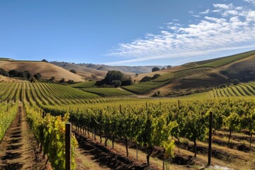 Sticker - vineyard with rows of grape vines and rolling hills in the background, created with generative ai