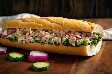 Sticker - tuna salad sandwich on chewy baguette with pickles and red onion, created with generative ai