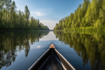 Wall Mural - canoeing on a tranquil lake, with the reflection of the sky and trees visible on the water, created with generative ai