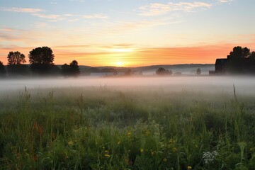 Sticker - mist rising from meadow, with sunrise in the background, created with generative ai