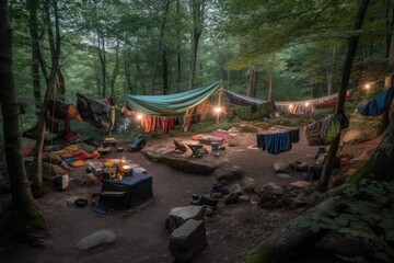 Poster - campsite with hammocks, lanterns, and blankets for a cozy experience, created with generative ai