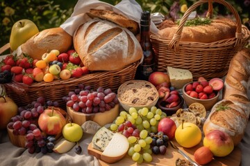 Sticker - picnic basket overflowing with fruits, cheeses, and breads, created with generative ai