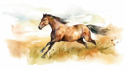 Poster - A wild horse galloping across a prairie watercolor Generative AI 