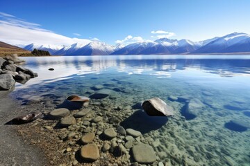 Sticker - crystal-clear lake, with view of snow-capped mountain range and blue sky in the background, created with generative ai