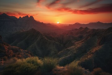 Poster - majestic mountain range with fiery sunsets illuminating the canyons, created with generative ai