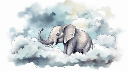 Wall Mural - Elephant sitting on a cloud watercolor Generative AI 