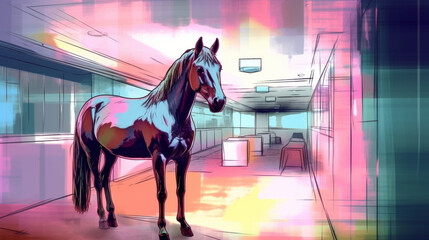 Poster - Horse in a retro neon hospital watercolor Generative AI 