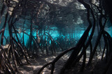 Light filters underwater into the shadows of a dark mangrove forest growing in Raja Ampat, Indonesia. Mangroves are vital marine habitats that serve as nurseries and filter runoff from the land.