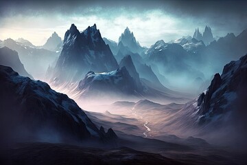 Canvas Print - view of majestic mountain range, with the peaks shrouded in mist, created with generative ai