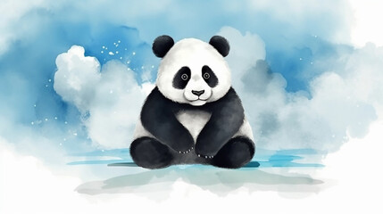 Wall Mural - Panda bear sitting on a cloud watercolor Generative AI 