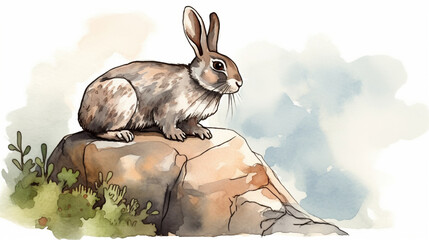 Wall Mural - Rabbit on top of a rock watercolor Generative AI 