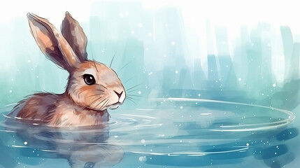 Wall Mural - Rabbit swimming in a pool watercolor Generative AI 