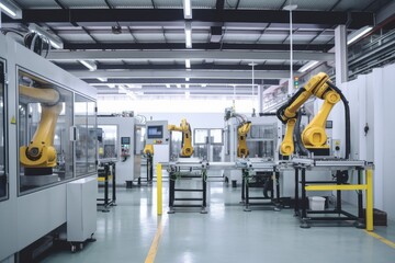 Sticker - robotics factory, where machines and robots work together to produce high-tech products, created with generative ai