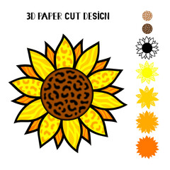 Wall Mural - 3D Leopard Sunflower . Vector paper or laser cut template. Flower silhouette. Summer illustration. Isolated on white background. Decorative symboll. For card,printing on t-shirt,mug,sublimation.