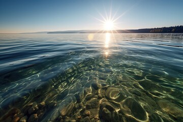 Poster - crystal-clear lake at sunrise, with the sun's rays shining upon its surface, created with generative ai