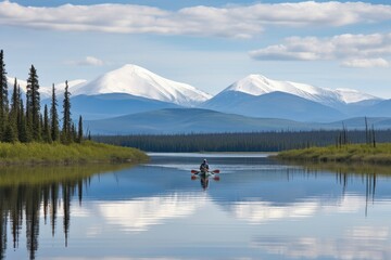 Sticker - canoeist paddling on still lake, with view of distant mountains, created with generative ai