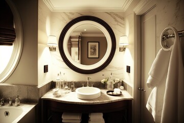 Poster - luxurious hotel bathroom, with round white wash basin and plush towels, created with generative ai