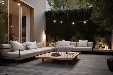 Poster - modern outdoor seating area with sleek, minimalist furniture and contemporary lighting, created with generative ai