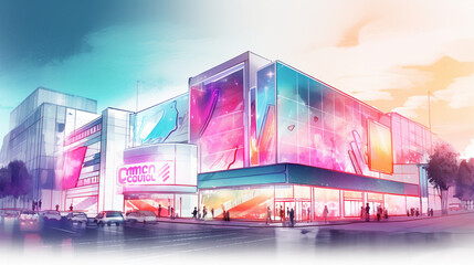 Wall Mural -  A futuristic shopping mall with glowing fluorescent Generative AI 