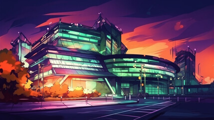 Sticker - A futuristic university campus with neon lighting Generative AI 