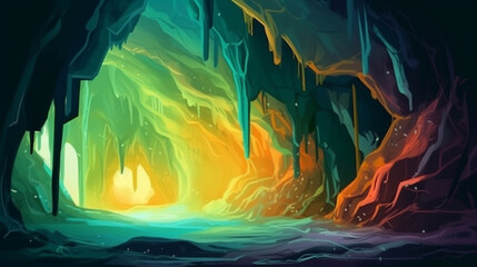 Wall Mural - A glowing underground cave with fluorescent mineral Generative AI 