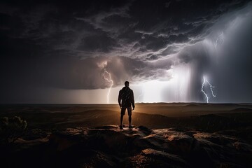 Canvas Print - person, standing in the middle of stormy night, with lightning striking all around, created with generative ai